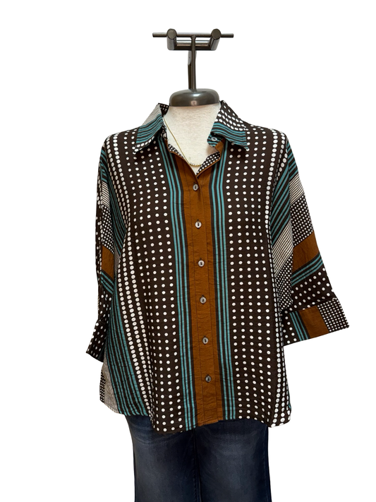 Stripe & Polka Dot Print Button Up Top Brown