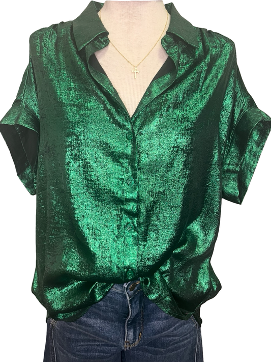 Metallic Green Button Up Top