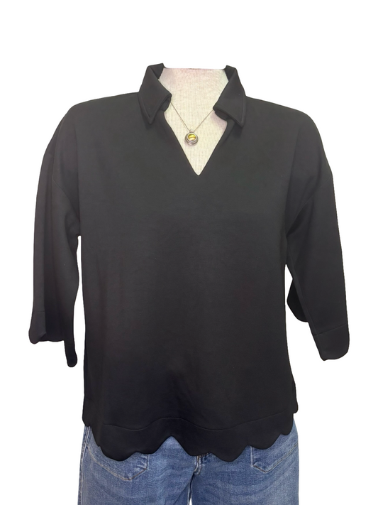 Scallop Edge V Neck Top Black