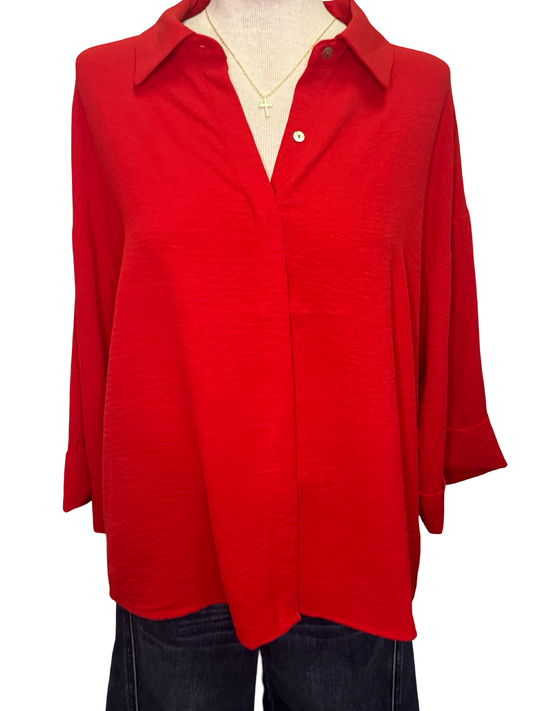 Textured Button Down Top Red