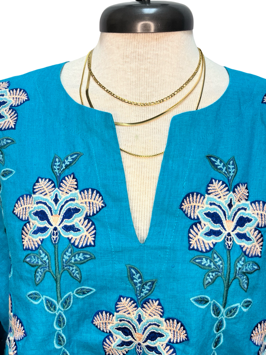 Boheme Split Neck Linen Blouse Lake Blue