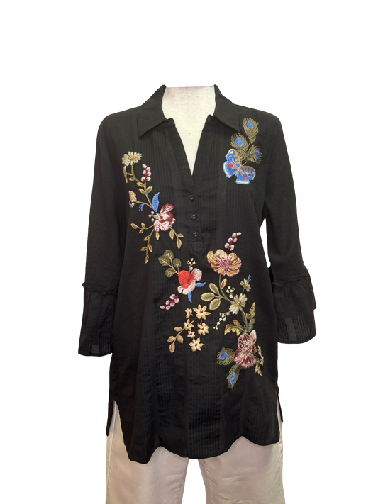Florrie Embroidered Henley Tunic Black