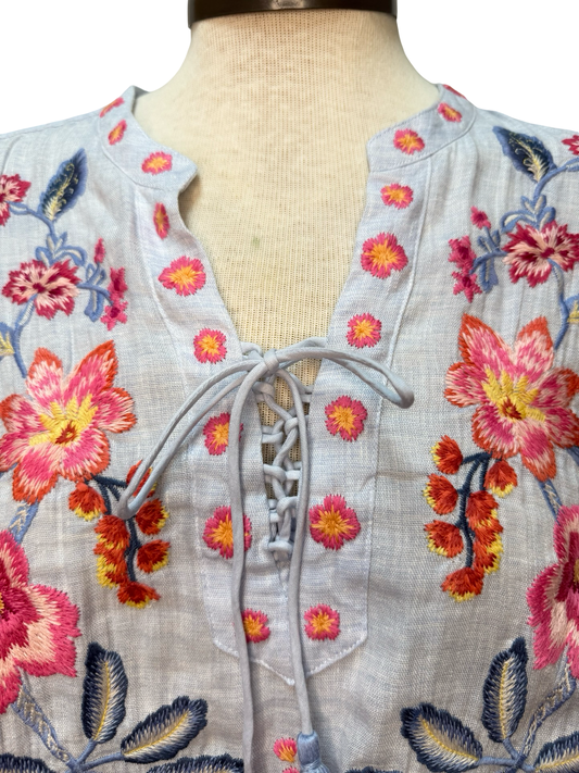 Lirielle Tie Front Blouse Blue Slub Linen