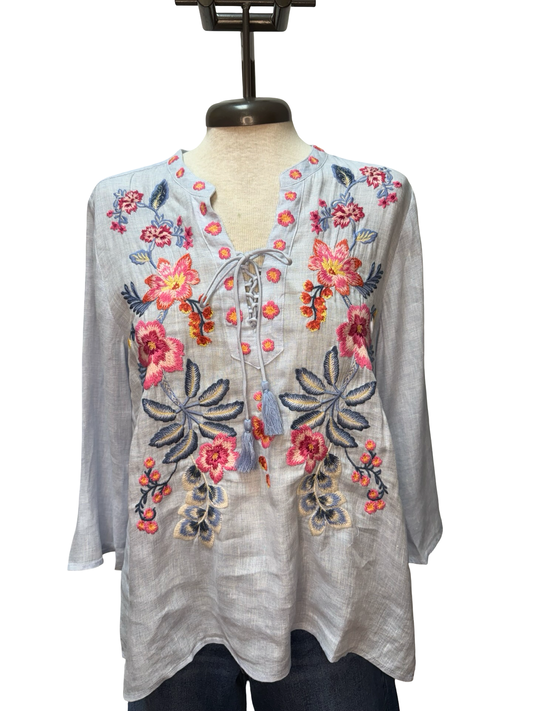 Lirielle Tie Front Blouse Blue Slub Linen