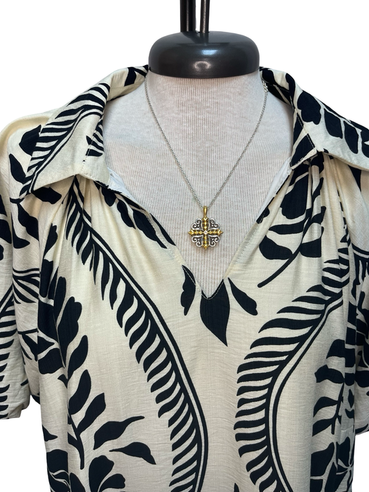 Leafy Ogee Print Mini Dress Cream/Black