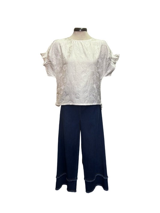 Fringe Hi Waist Wide Leg Crop Denim Pants