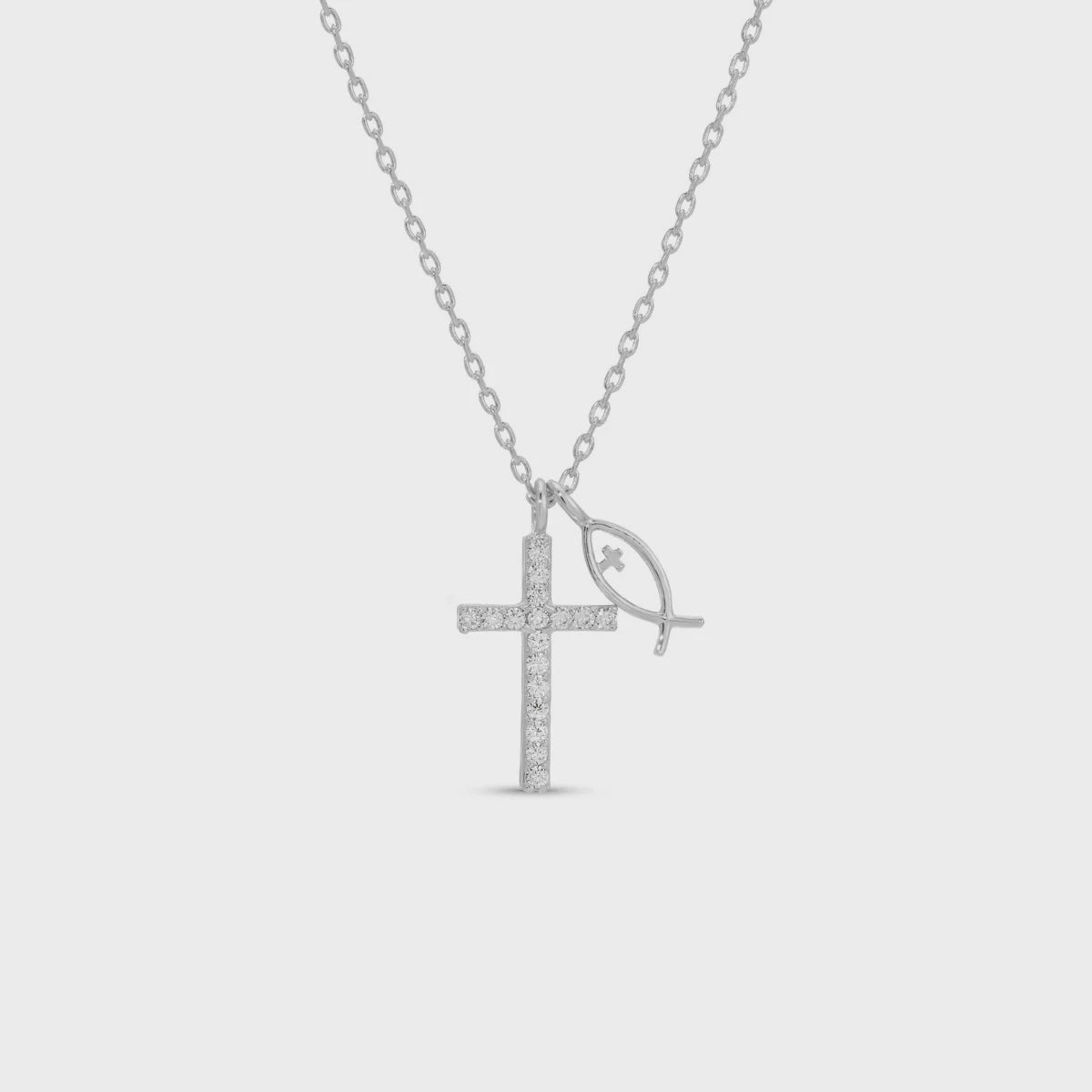 Cubic Zirconia Cross Necklace with Ichthus Fish Charm Silver