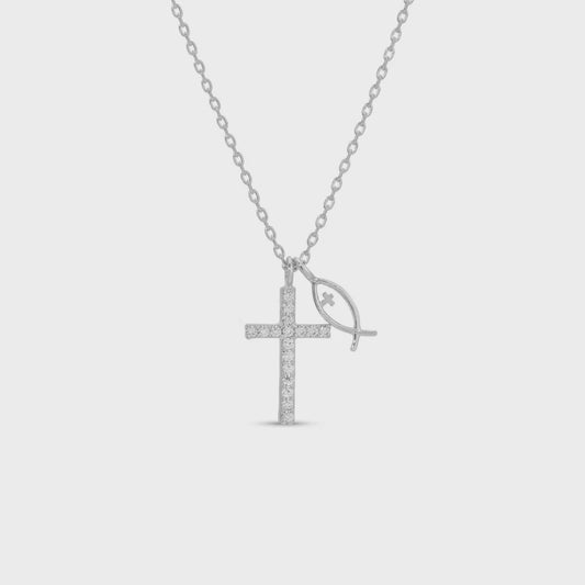 Cubic Zirconia Cross Necklace with Ichthus Fish Charm Silver