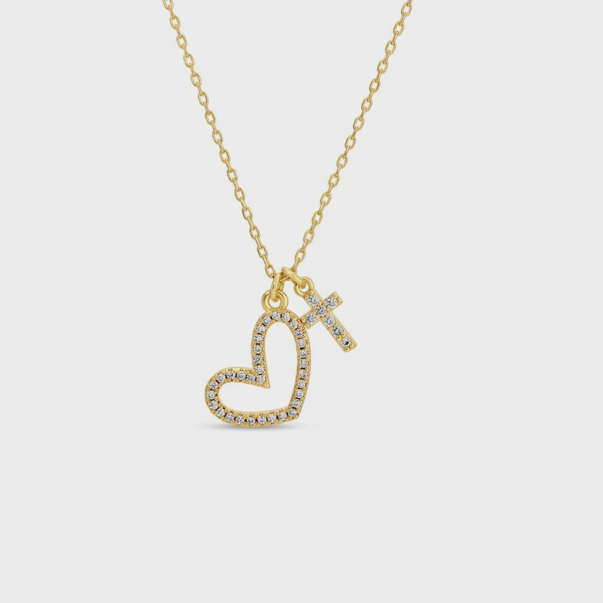 Pave Heart and Cross Pendant Necklace