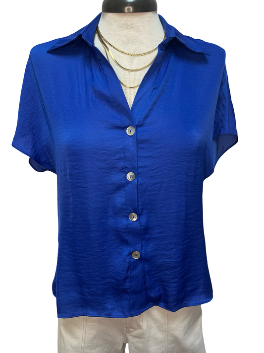 Drop Shoulder Button Up Blouse Capri Blue