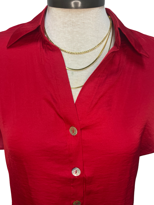 Drop Shoulder Button Up Blouse Red