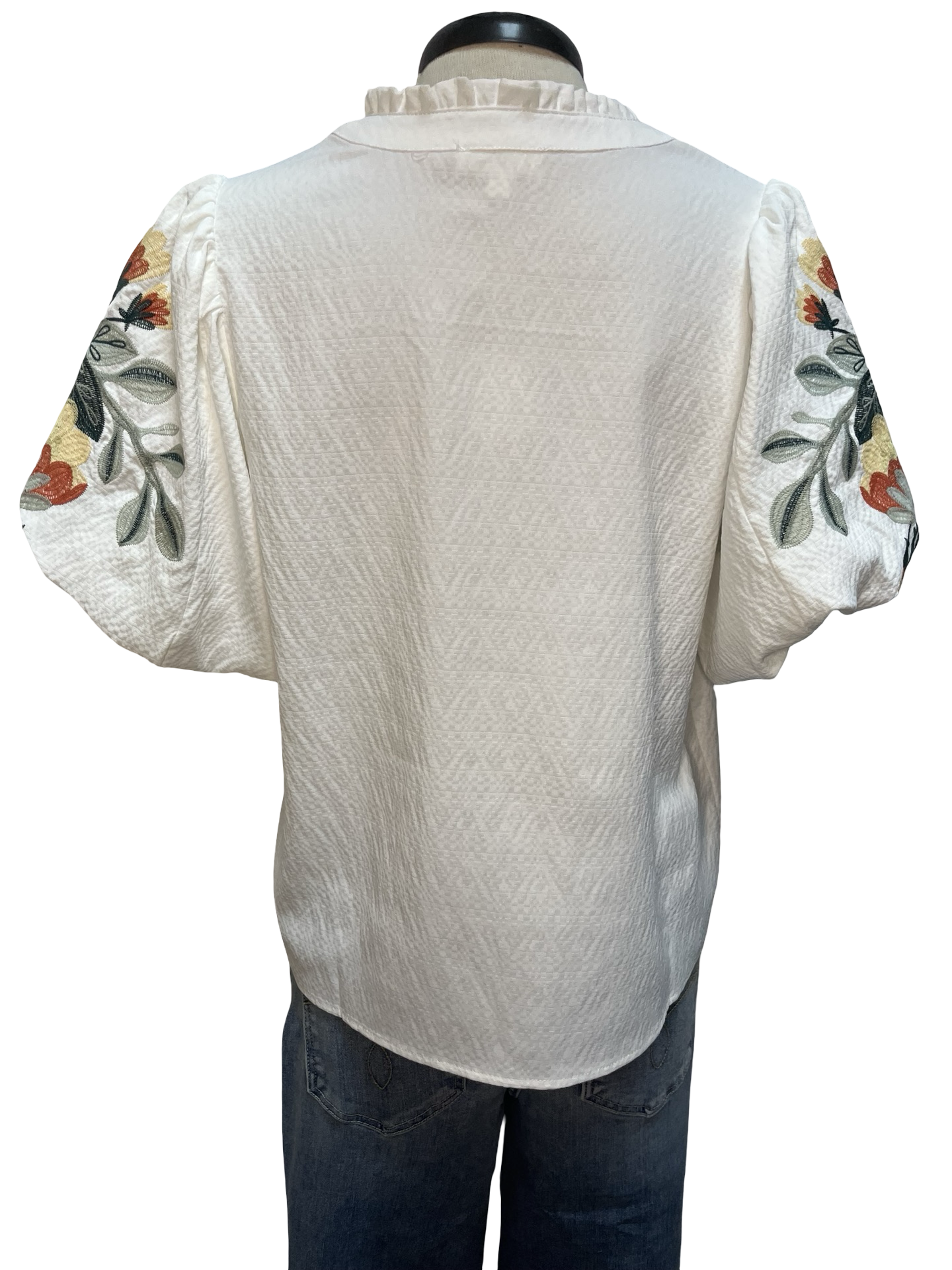 Floral Embroidered Placket Top White