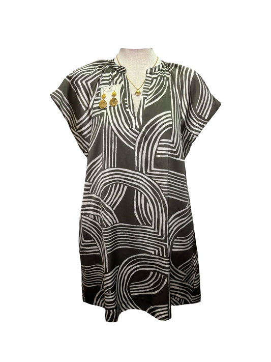 Print Tunic Mini Dress Khaki