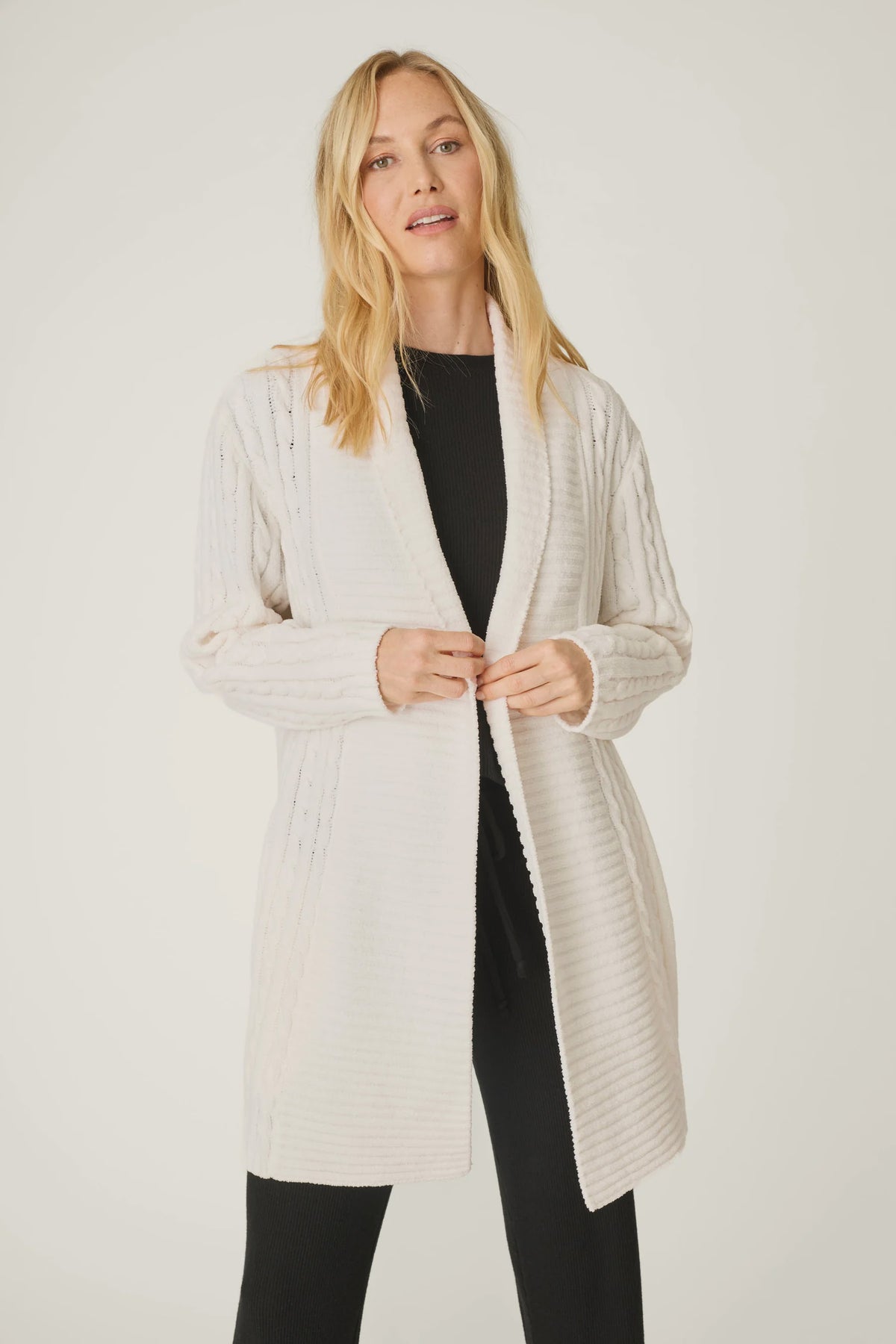 Cozy Chenille Cable Knit Long Ivory Cardigan