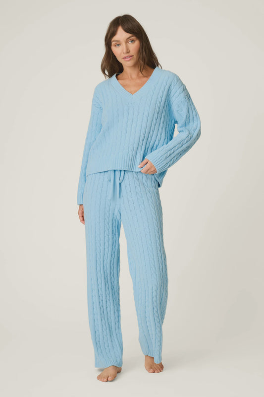 Cozy Chenille Cable Knit Cloud Blue V Neck Lounge Set