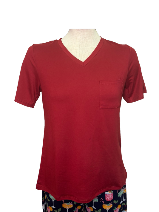 Highlands V Neck Pocket Tee Dark Red