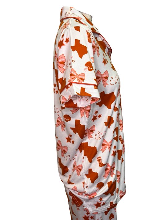 Put a Bow On It Short Sleeve Button Up Sleep Shirt White/Burnt Orange/Pink