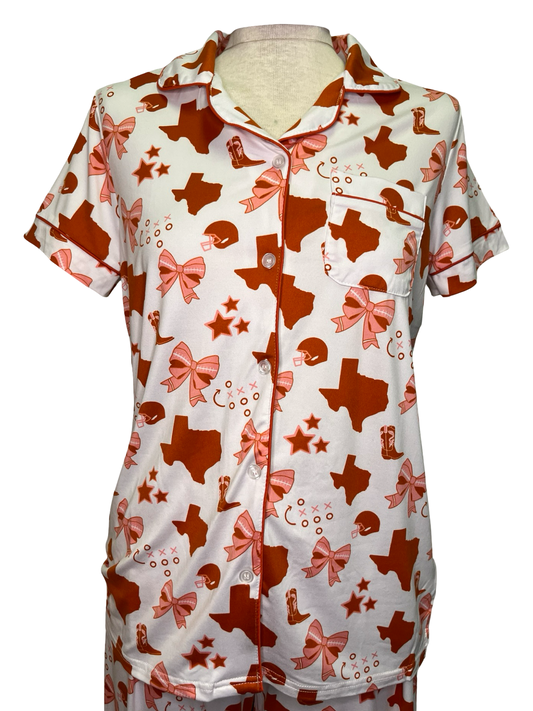 Put a Bow On It Short Sleeve Button Up Sleep Shirt White/Burnt Orange/Pink
