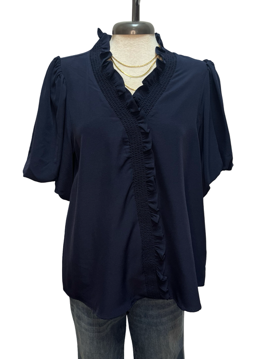 Short Bubble Sleeve Smocked Neck Top Navy