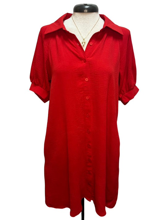 Short Sleeve Button Down Mini Dress Red