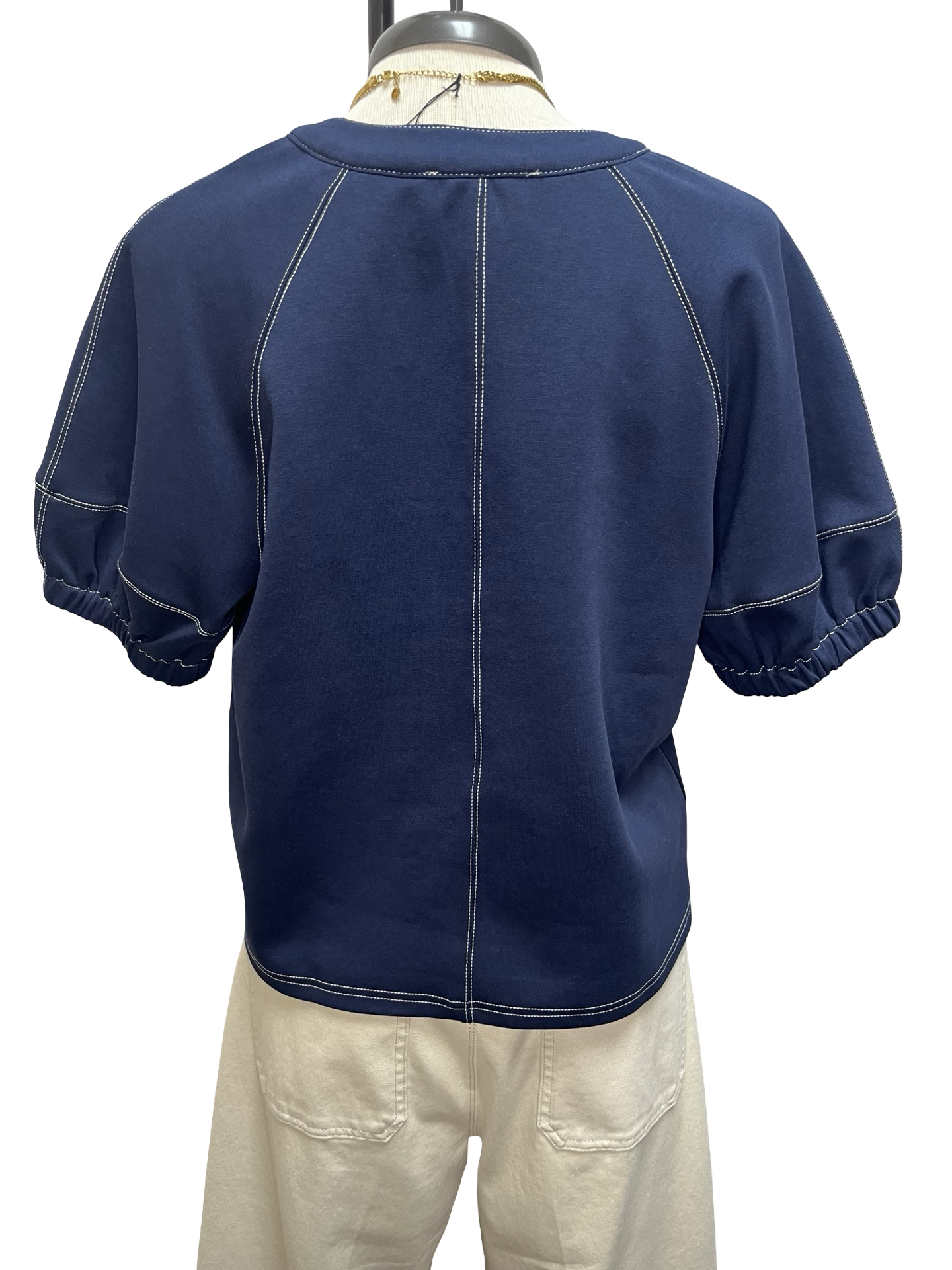 Short Sleeve Knit Stitching Detail Top Navy