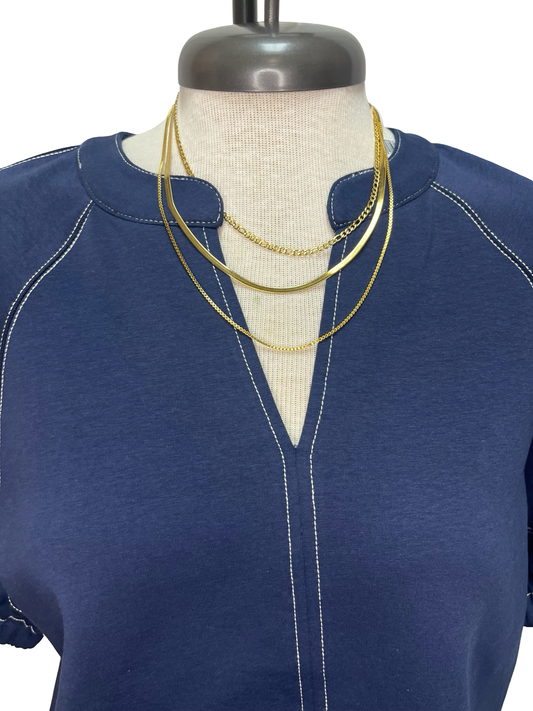 Short Sleeve Knit Stitching Detail Top Navy