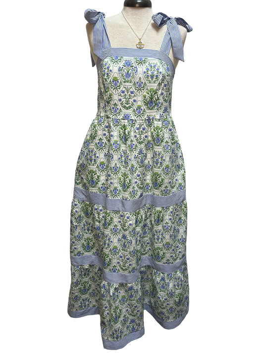 Tied Shoulder Tiered Print Maxi Dress with Pockets Green/Blue