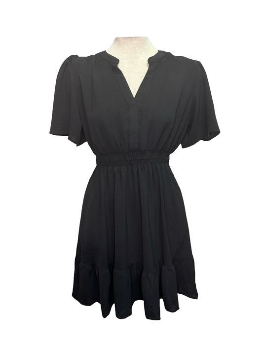 Bell Sleeve Waisted Mini Dress Black