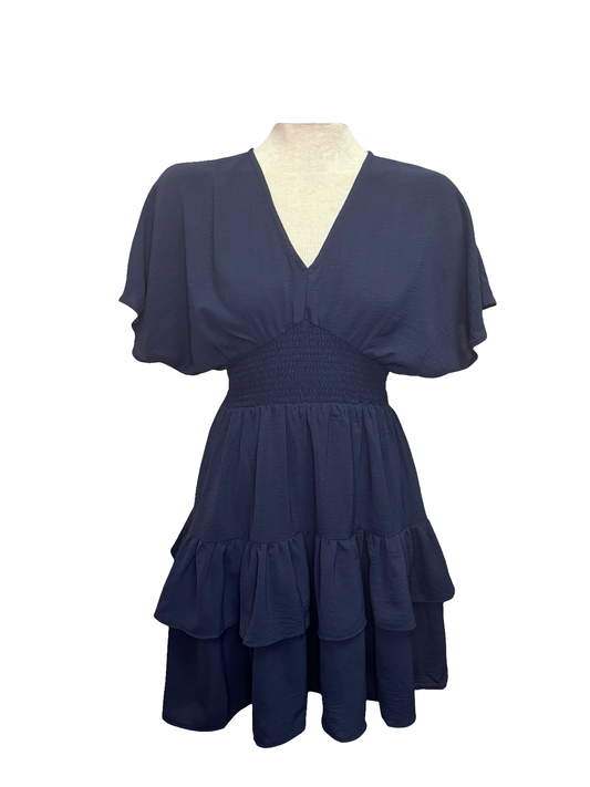 Smocked Waist Short Sleeve Mini Dress Navy