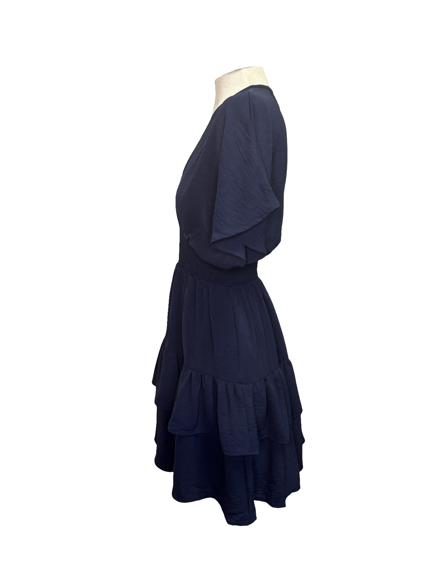 Smocked Waist Short Sleeve Mini Dress Navy