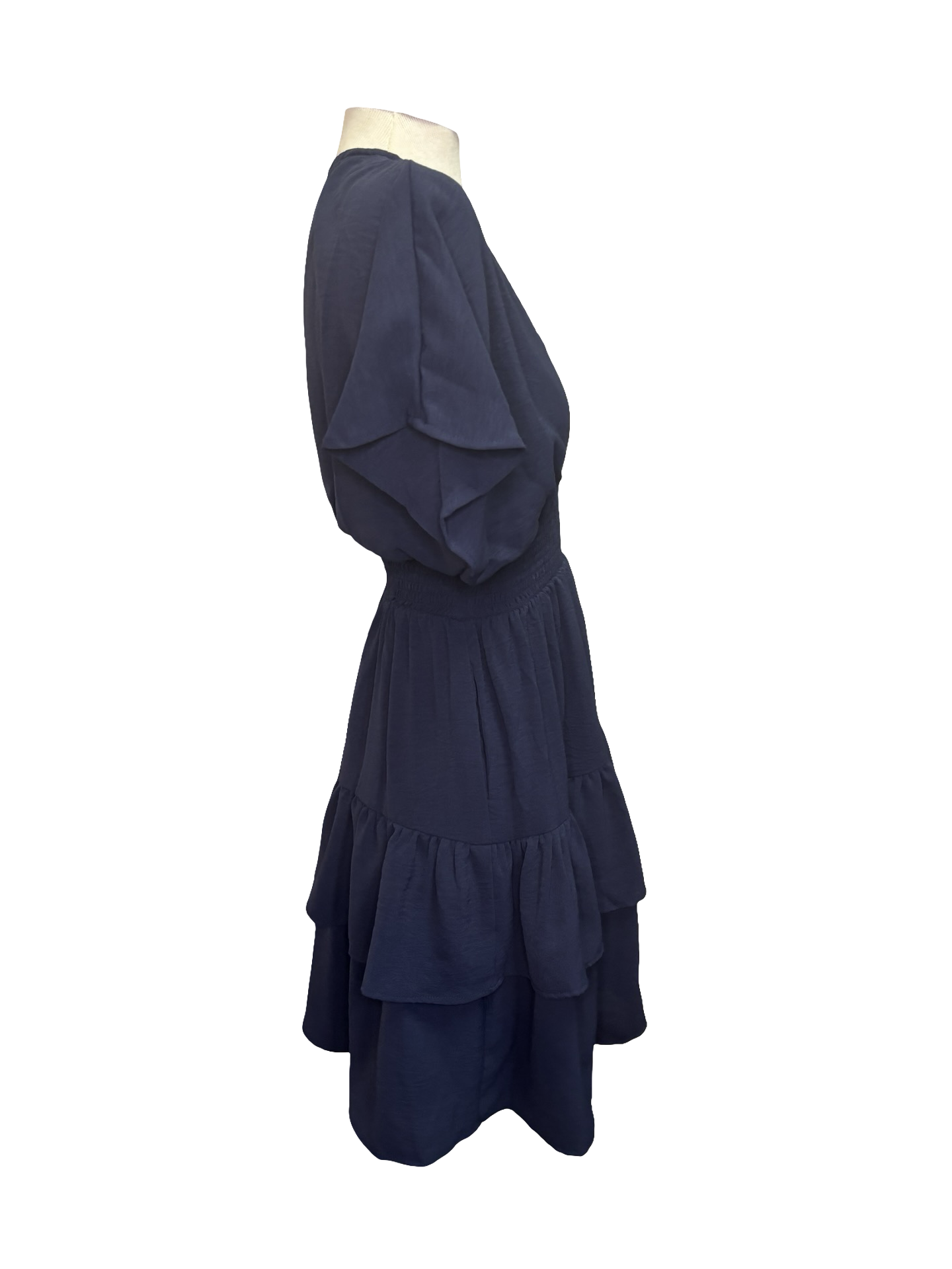 Smocked Waist Short Sleeve Mini Dress Navy