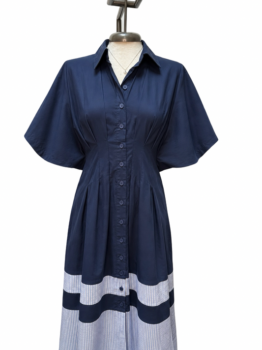 Short Sleeve Ruched Waist Shirt Dress Navy