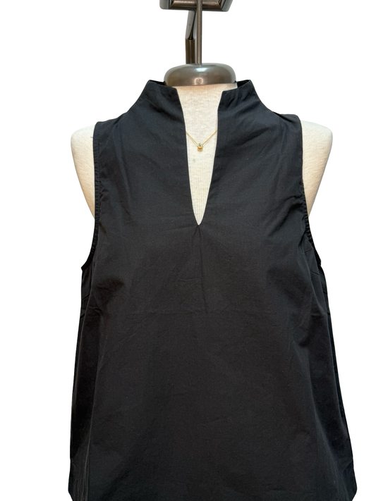 Split V Neck Stand Collar Top Black