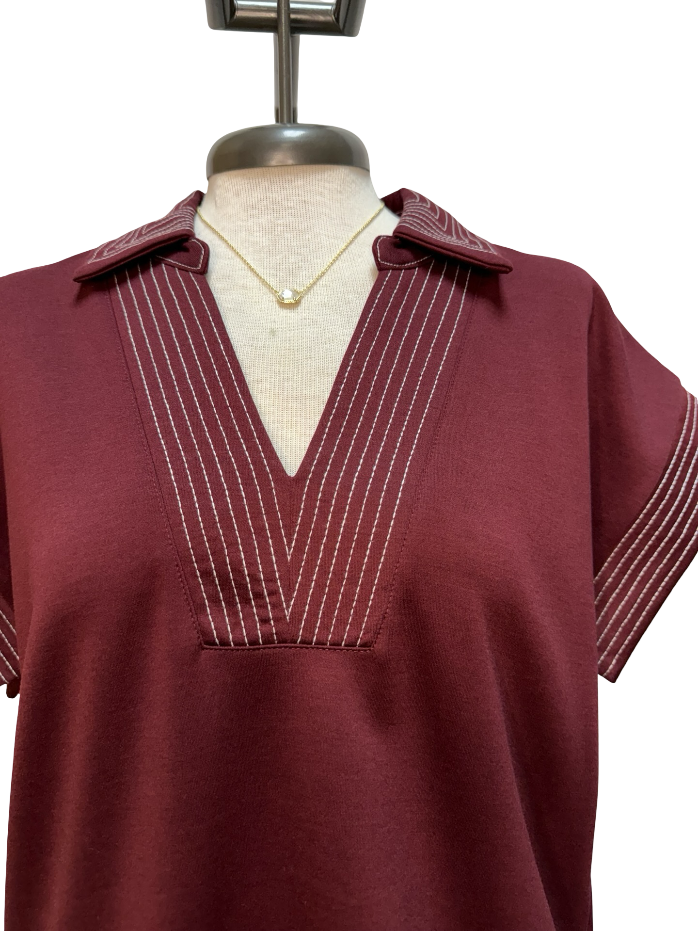 Stitch Detail Short Sleeve Top Wine