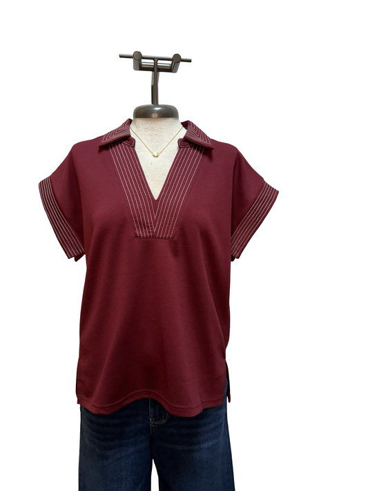 Stitch Detail Short Sleeve Top Wine