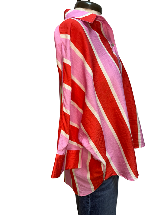 Striped Button Up 3/4 Sleeves Top Pink/Orange