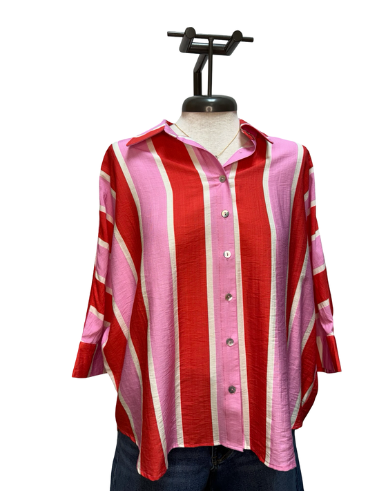 Striped Button Up 3/4 Sleeves Top Pink/Orange