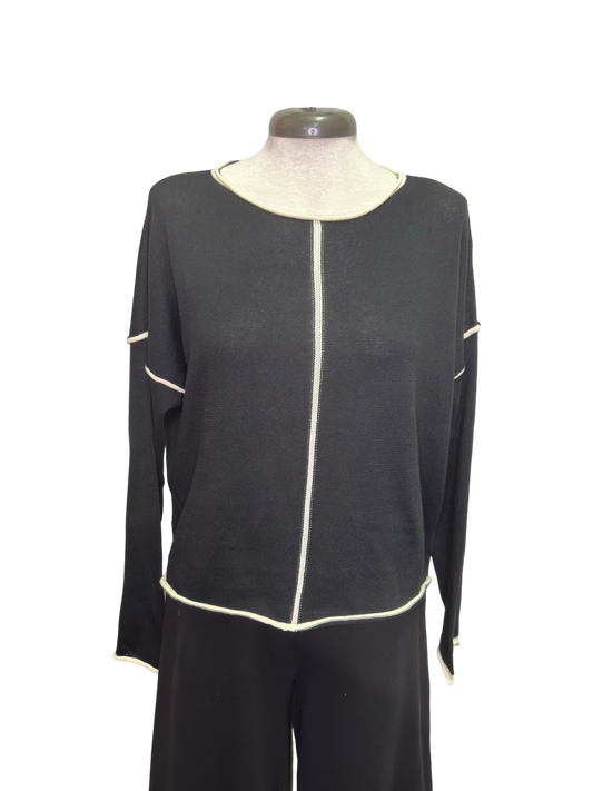 Gibraltar Wide Sleeve Knit with Contrast Trim Top Black/Cream