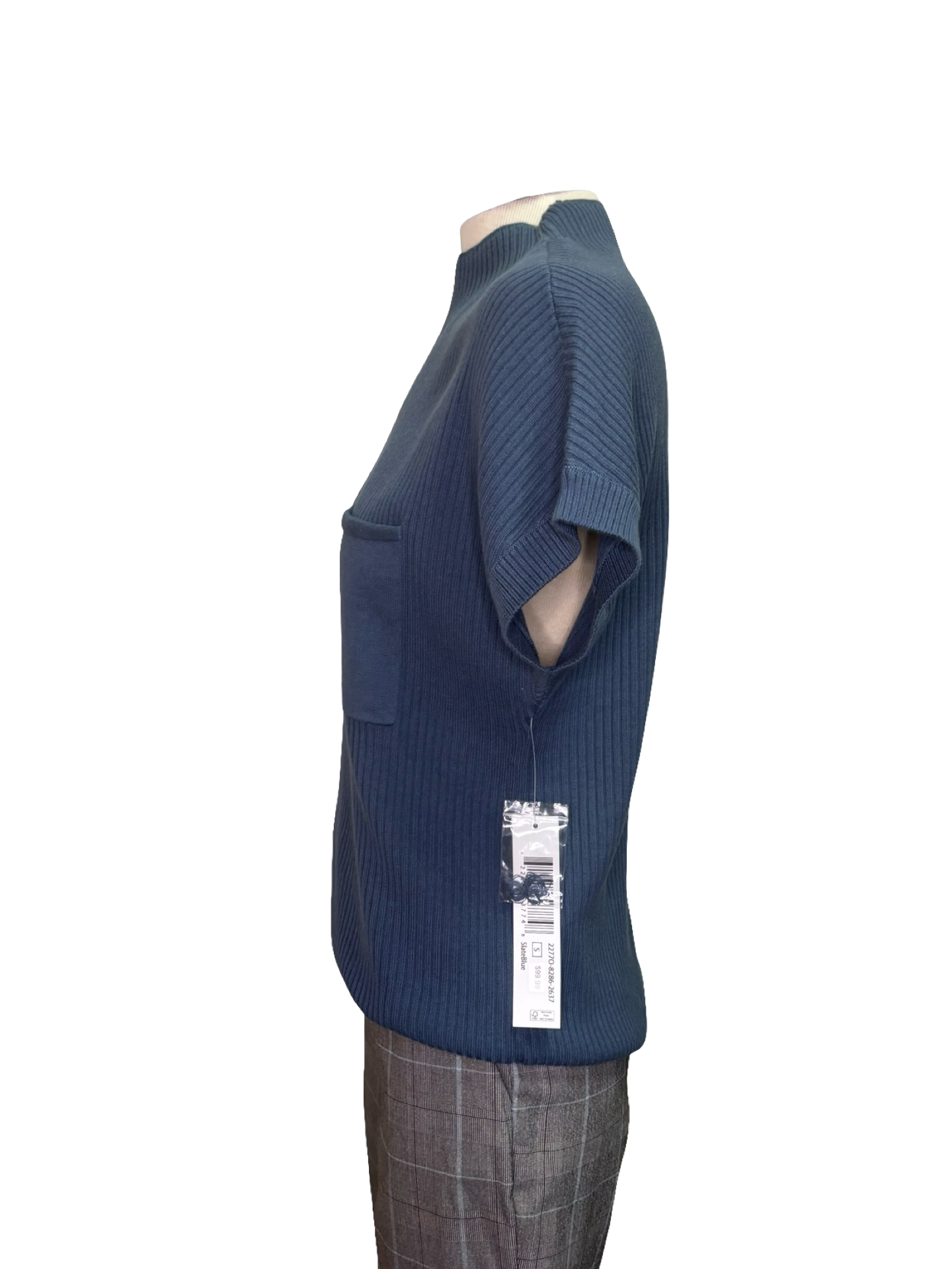 Cotton Mock Neck Cap Short Sleeve Top Slate Blue