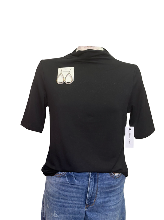 Funnel Neck Elbow Sleeve Knit Top Black