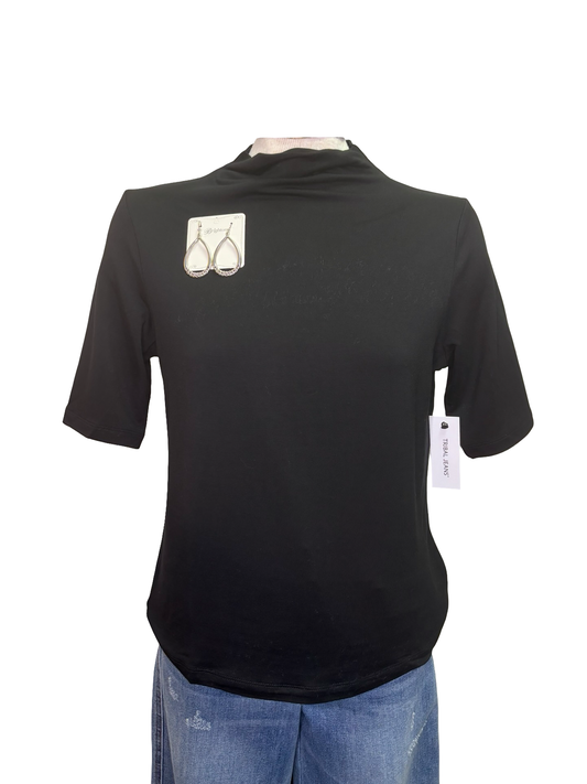 Funnel Neck Elbow Sleeve Knit Top Black