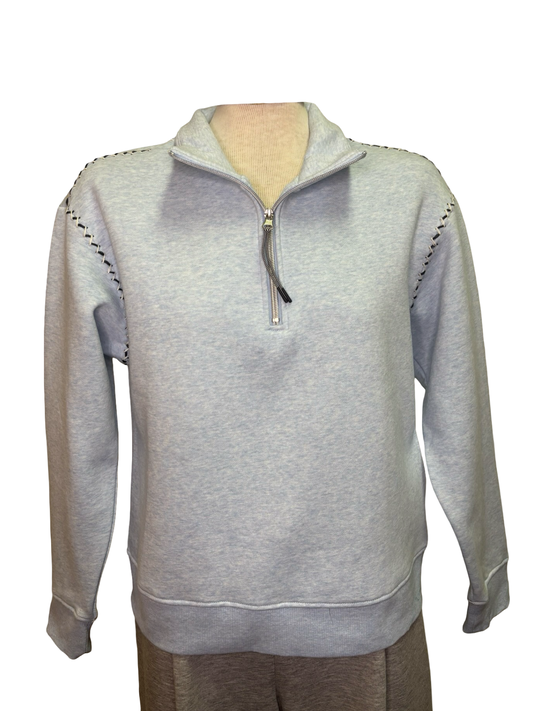 Long Sleeve Zip Funnel Neck Top with Stitching Chambray