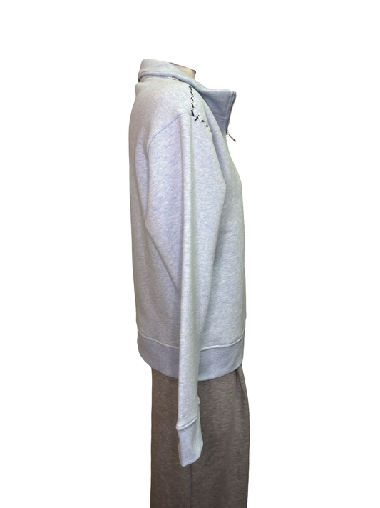 Long Sleeve Zip Funnel Neck Top with Stitching Chambray