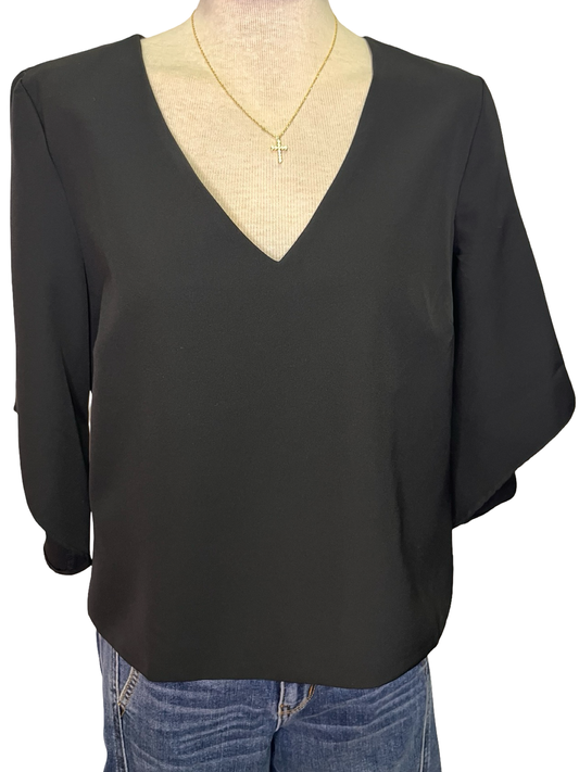 Signature Crepe Flutter Sleeve V Neck Blouse Black