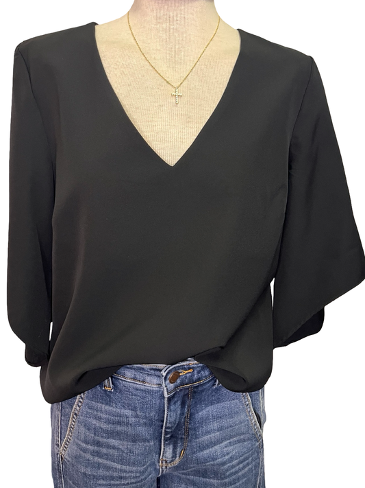 Signature Crepe Flutter Sleeve V Neck Blouse Black