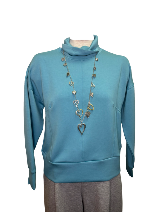 Techno Lux Drop Shoulder Funnel Neck Knit Top Mist Blue