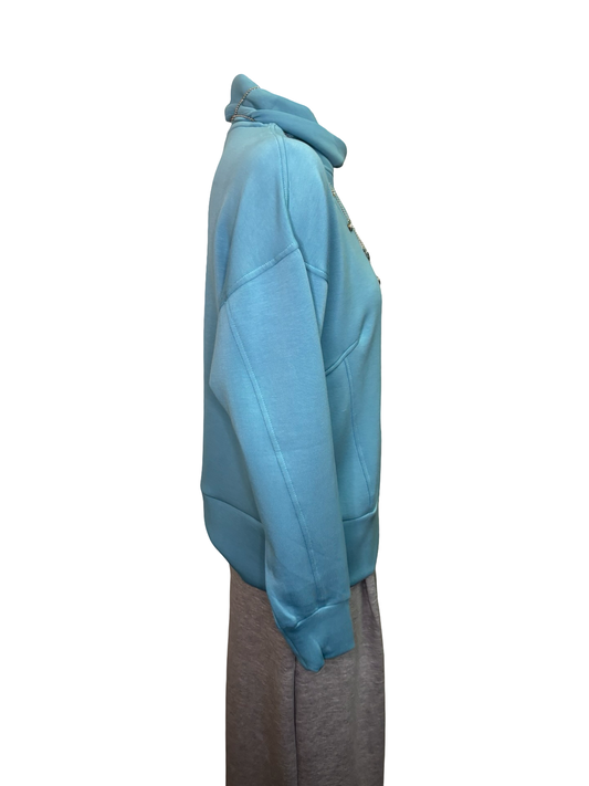 Techno Lux Drop Shoulder Funnel Neck Knit Top Mist Blue