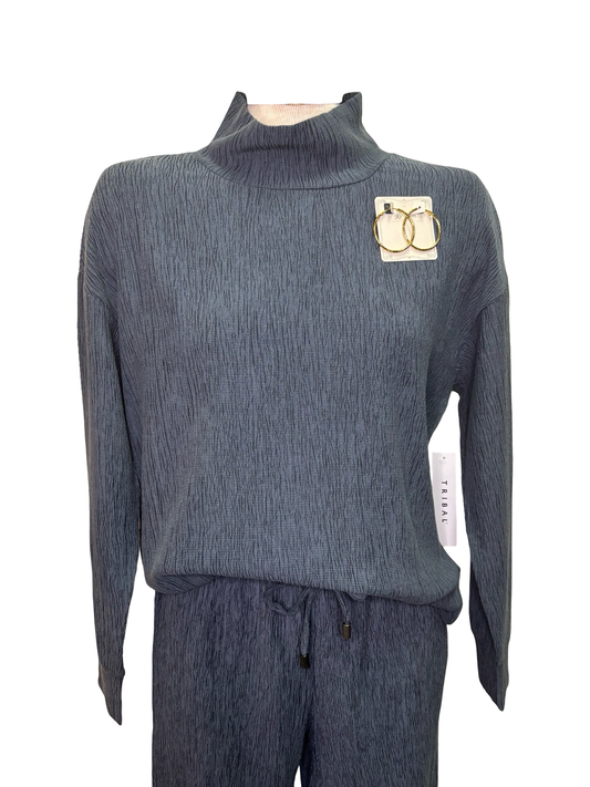 Textured Mock Neck Top Slate Blue