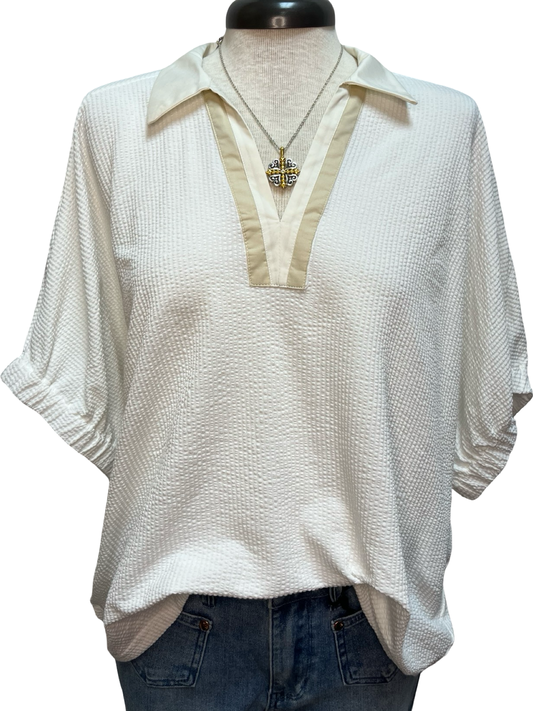 Contrast Collar V Neck Top Ecru