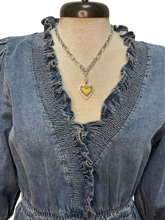 Denim Ruffle Trim Tiered Mini Dress